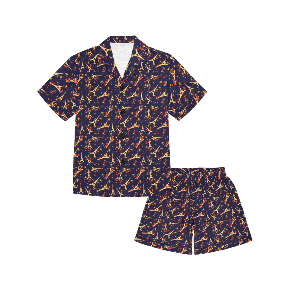 Eiffel Tower Pattern Print Design 02 Kids' Boys' Girls' V-Neck Short Pajama Set