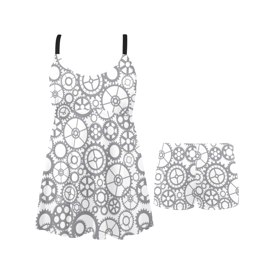 Gear Pattern Print Design 05 Chest Sexy Pleated Two Piece Swim Dress