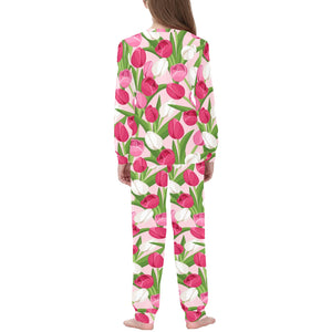 Pink White Tulip Pattern Kids' Boys' Girls' All Over Print Pajama Set