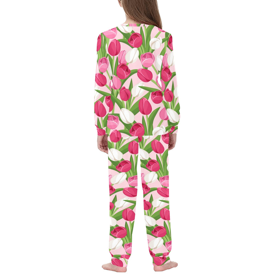 Pink White Tulip Pattern Kids' Boys' Girls' All Over Print Pajama Set