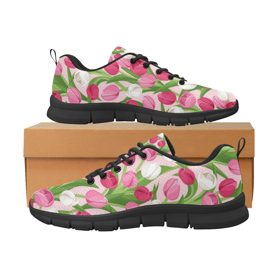 Pink White Tulip Pattern Women's Sneakers Black