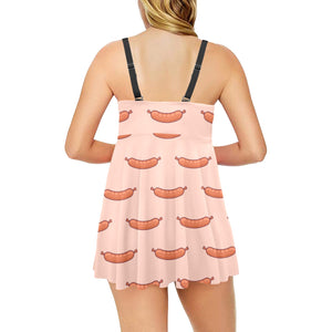 Sausage Pattern Print Design 01 Chest Sexy Pleated Two Piece Swim Dress