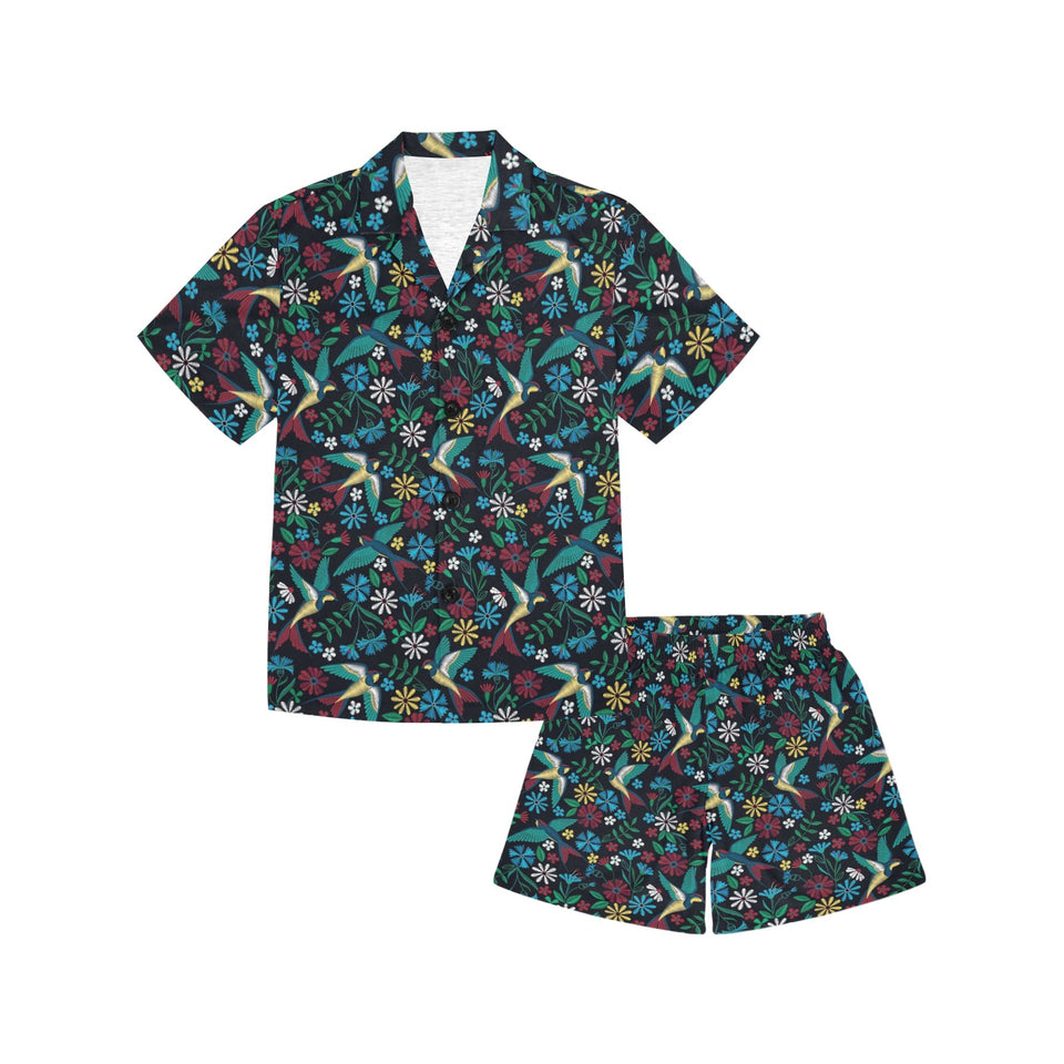 Swallow Pattern Print Design 04 Kids' Boys' Girls' V-Neck Short Pajama Set