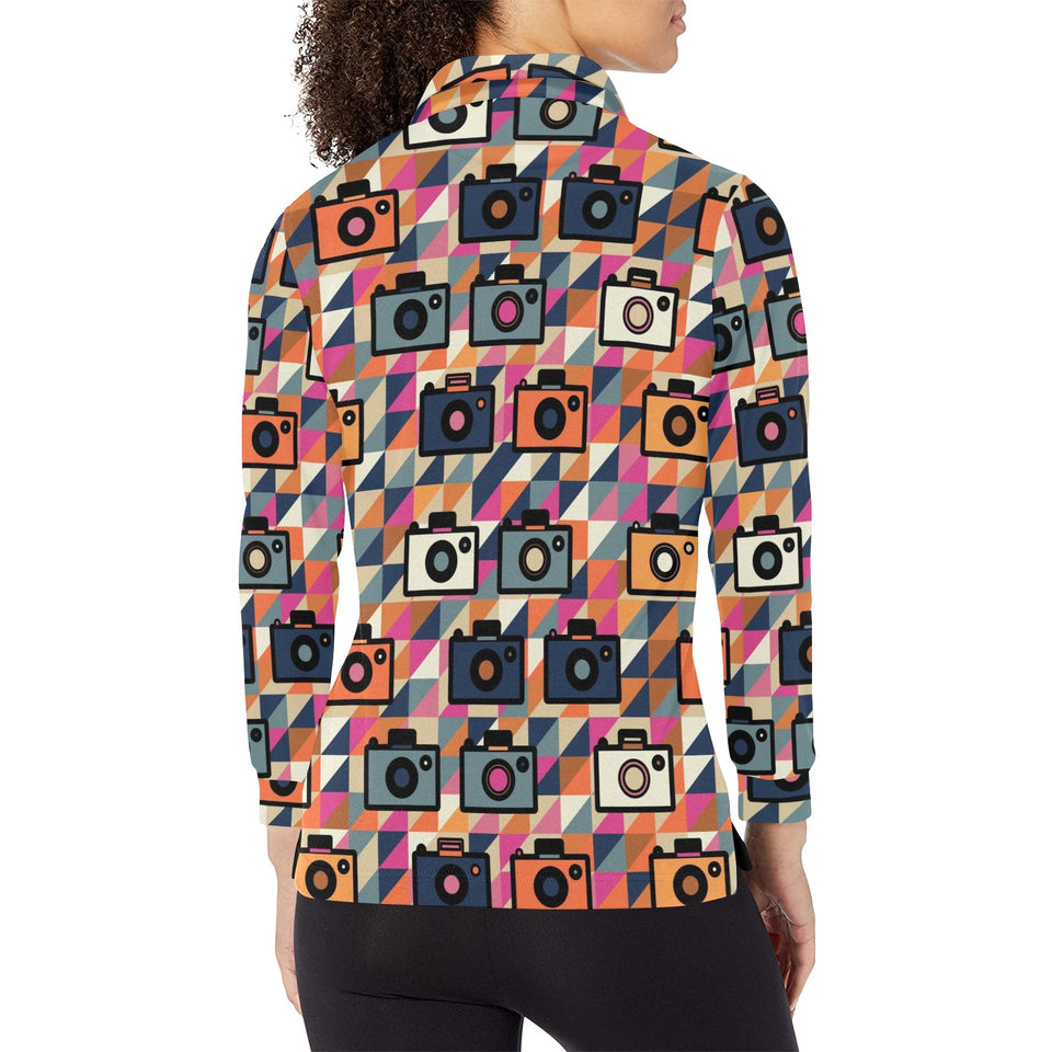 Camera Pattern Print Design 01 Women's Long Sleeve Polo Shirt