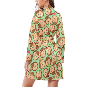 Hedgehog Pattern Print Design 01 Women's Long Sleeve Belted Night Robe