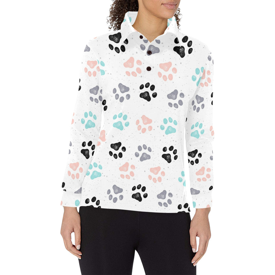 Dog Paws Pattern Print Design 02 Women's Long Sleeve Polo Shirt