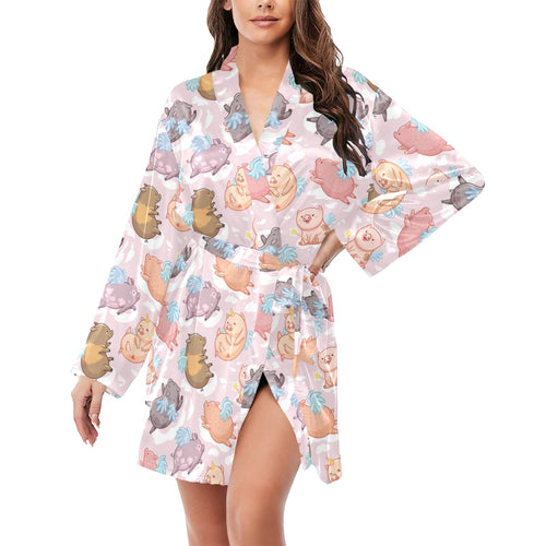 Pig Pattern Print Design 02 Women's Long Sleeve Belted Night Robe