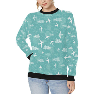 Airplane Cloud Pattern Green Background Women's Crew Neck Sweatshirt
