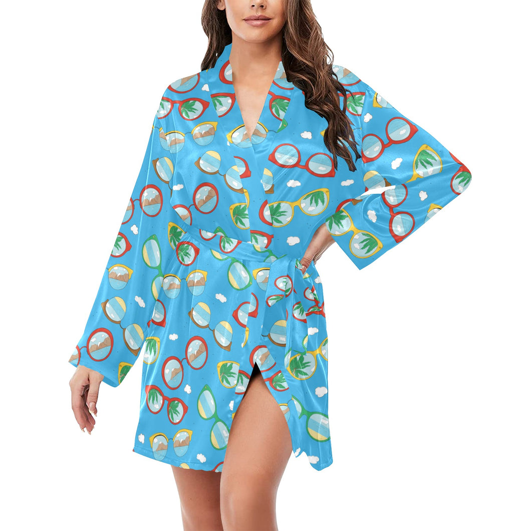 Sun Glasses Pattern Print Design 03 Women's Long Sleeve Belted Night Robe