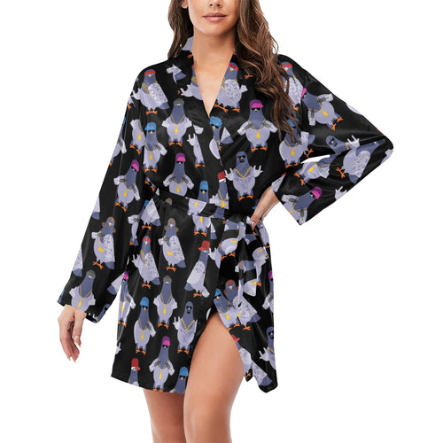 Pigeon Pattern Print Design 04 Women's Long Sleeve Belted Night Robe