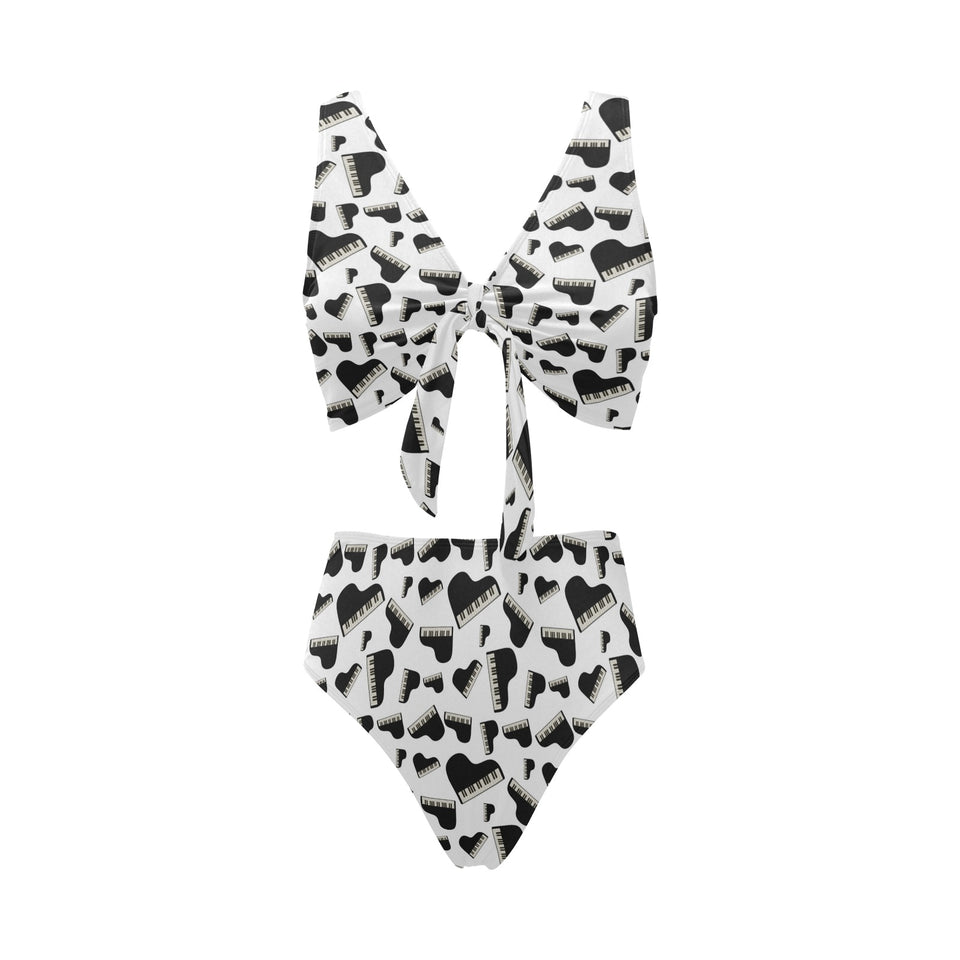 Piano Pattern Print Design 02 Chest Bowknot High Waisted Bikini Swimsuit