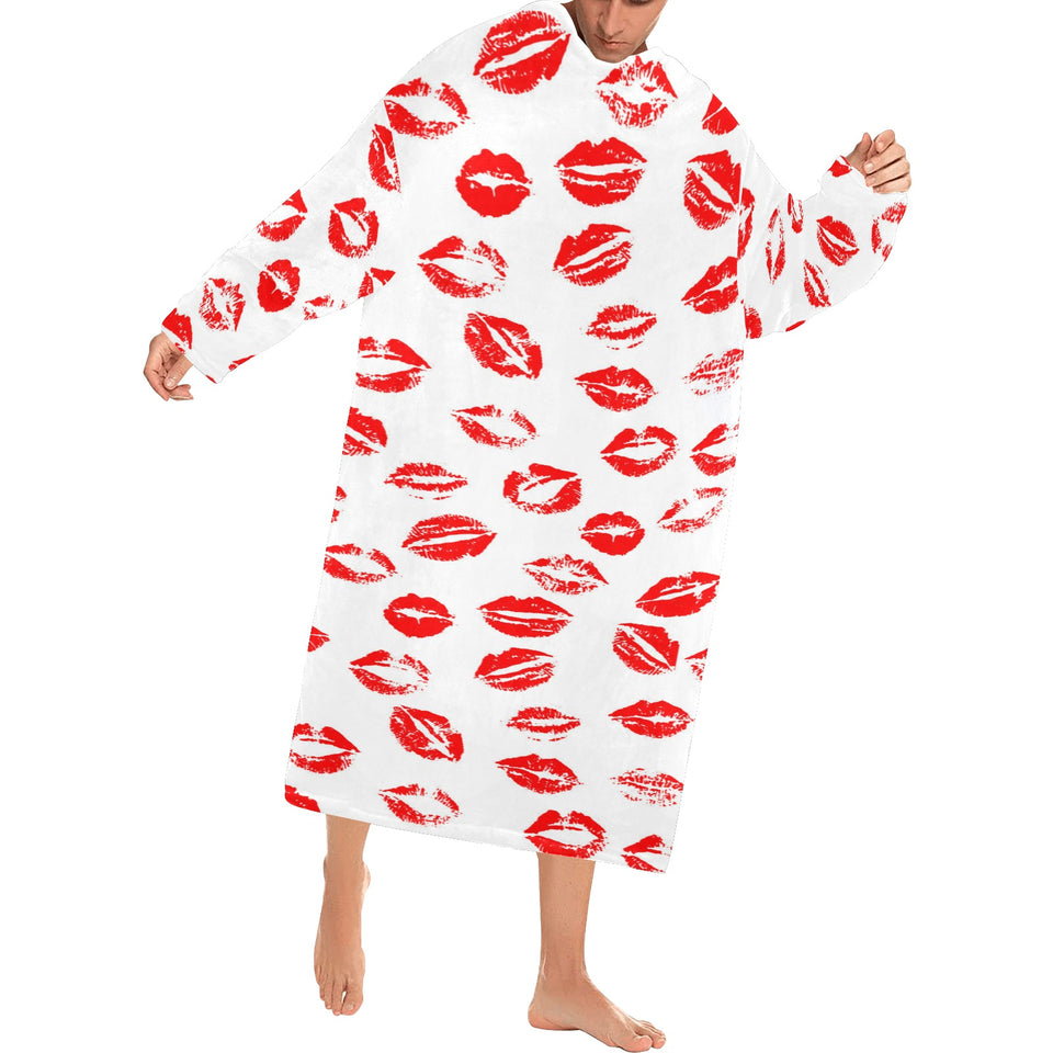 Lips Pattern Print Design 01 Blanket Robe with Sleeves