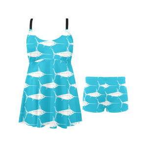 Swordfish Pattern Print Design 02 Chest Sexy Pleated Two Piece Swim Dress