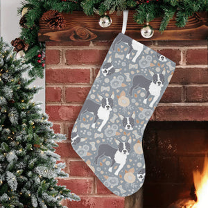 Boston Terrier Flower Pattern Gray Background Christmas Stocking