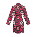 Lips Pattern Print Design 02 Women's Long Sleeve Belted Night Robe