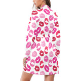 Lips Pattern Print Design 05 Women's Long Sleeve Belted Night Robe