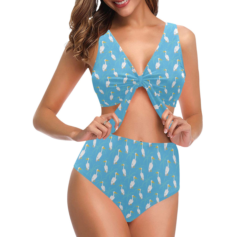 Pelican Pattern Print Design 02 Chest Bowknot High Waisted Bikini Swimsuit