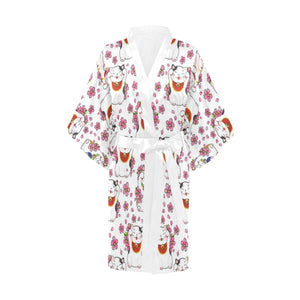 Meneki Neko Lucky Cat Sakura Flower Pattern Women's Short Kimono Robe