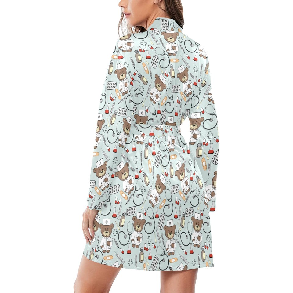 Teddy Bear Pattern Print Design 02 Women's Long Sleeve Belted Night Robe