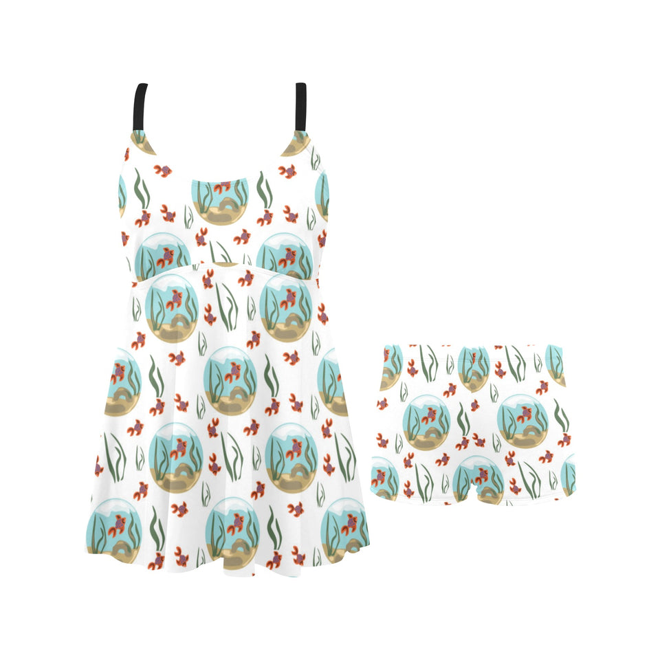 Goldfish Pattern Print Design 01 Chest Sexy Pleated Two Piece Swim Dress