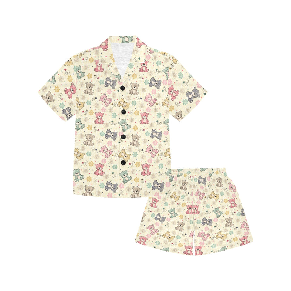 Teddy Bear Pattern Print Design 05 Kids' Boys' Girls' V-Neck Short Pajama Set