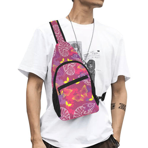 Pink Chameleon Lizard Butterfly Pattern All Over Print Chest Bag