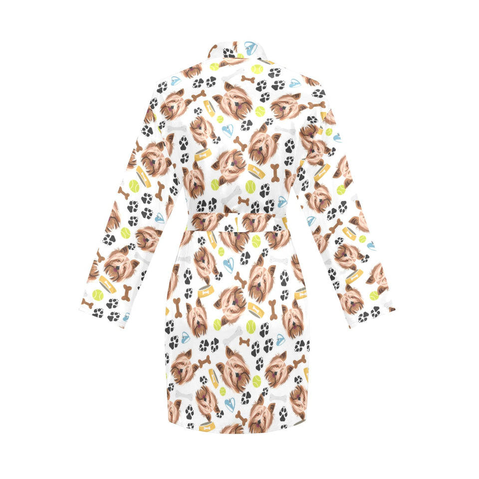 Yorkshire Terrier Pattern Print Design 05 Women's Long Sleeve Belted Night Robe