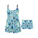 Swallow Pattern Print Design 05 Chest Sexy Pleated Two Piece Swim Dress