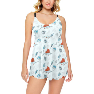 Swordfish Pattern Print Design 03 Chest Sexy Pleated Two Piece Swim Dress