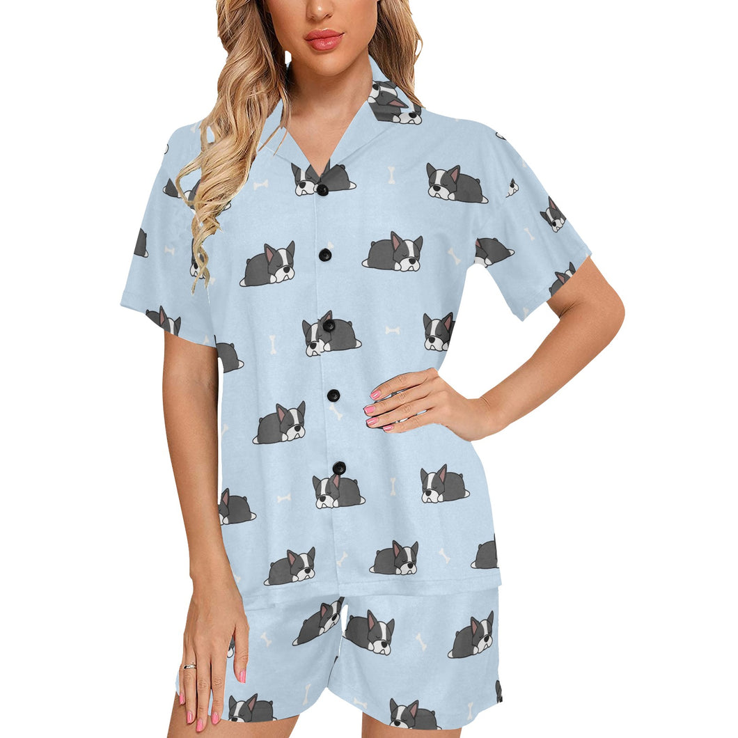 Sleep Boston Terrier Bone Pattern Women's V-Neck Short Pajama Set