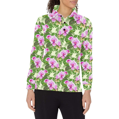 Orchid Leaves Pattern Women's Long Sleeve Polo Shirt