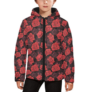 Rose Pattern Print Design 01 Kids' Boys' Girls' Padded Hooded Jacket