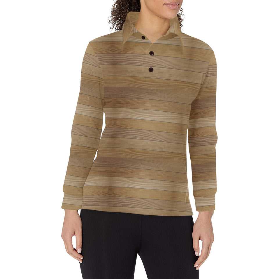 Wood Printed Pattern Print Design 02 Women's Long Sleeve Polo Shirt