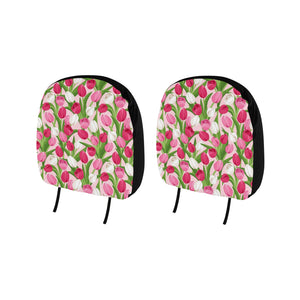 Pink White Tulip Pattern Car Headrest Cover