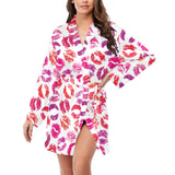 Lips Pattern Print Design 04 Women's Long Sleeve Belted Night Robe