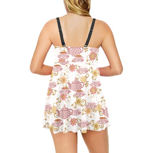 Tea pots Pattern Print Design 01 Chest Sexy Pleated Two Piece Swim Dress