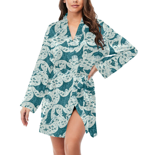 Stingray Pattern Print Design 01 Women's Long Sleeve Belted Night Robe