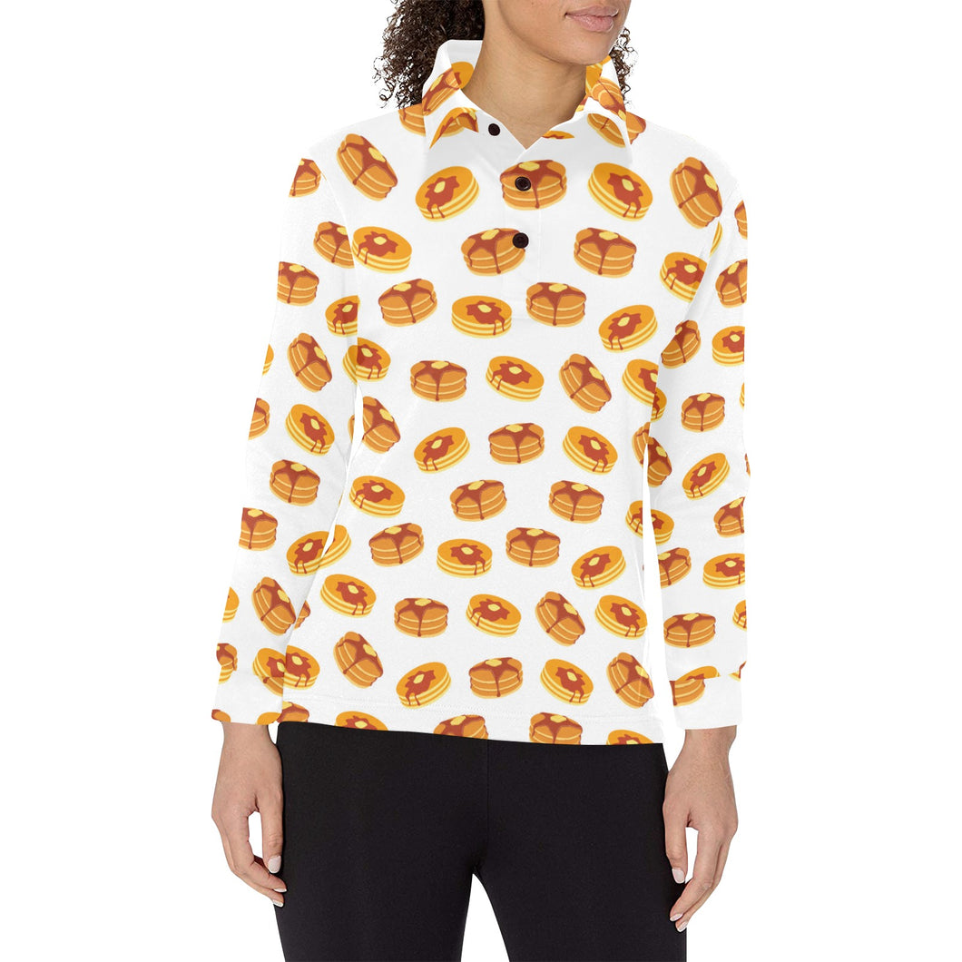 Pancake Pattern Print Design 04 Women's Long Sleeve Polo Shirt