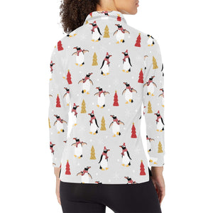 Penguin Christmas Tree Pattern Women's Long Sleeve Polo Shirt