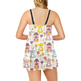 Teddy Bear Pattern Print Design 04 Chest Sexy Pleated Two Piece Swim Dress