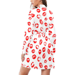 Lips Pattern Print Design 01 Women's Long Sleeve Belted Night Robe