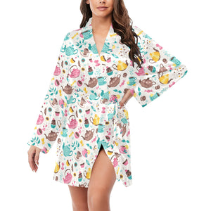 Tea pots Pattern Print Design 05 Women's Long Sleeve Belted Night Robe