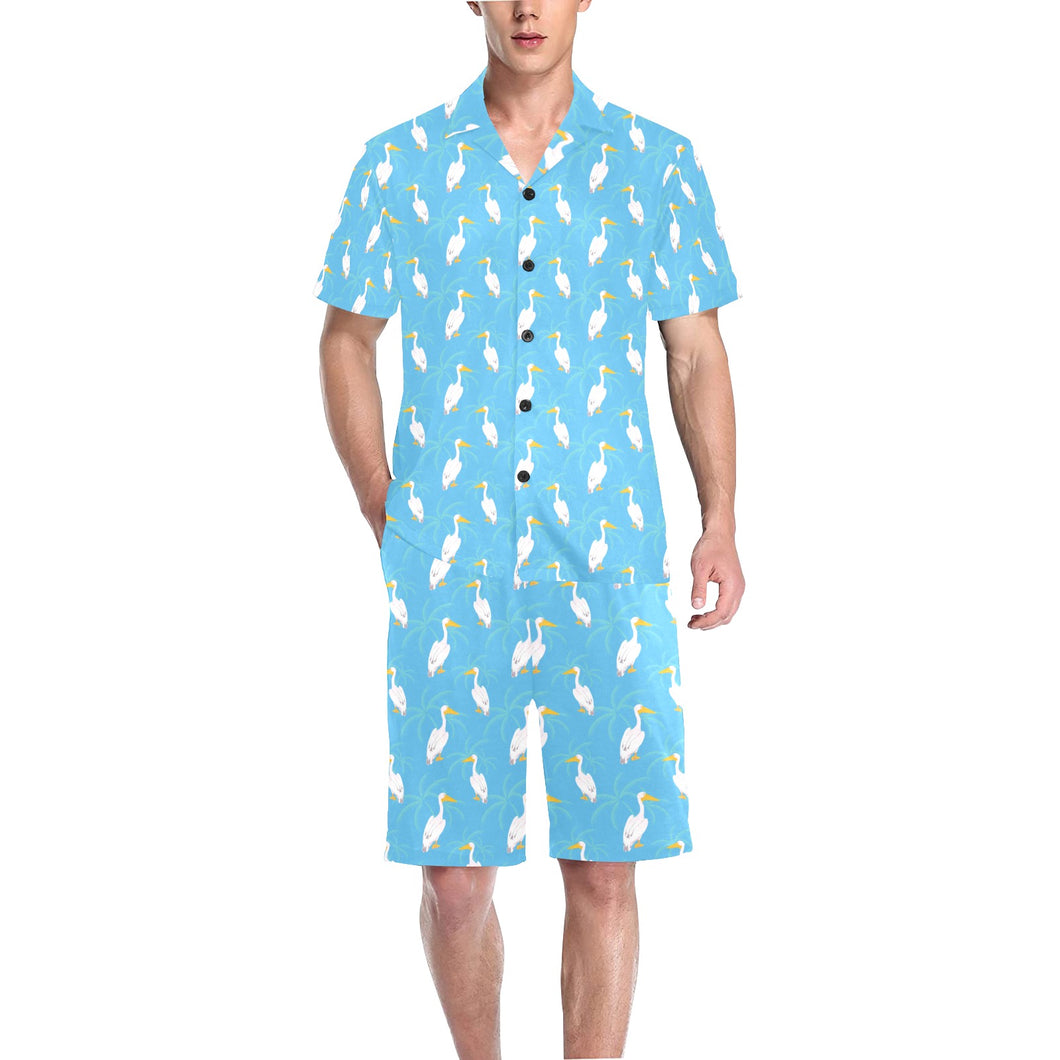 Pelican Pattern Print Design 02 Men's V-Neck Short Pajama Set