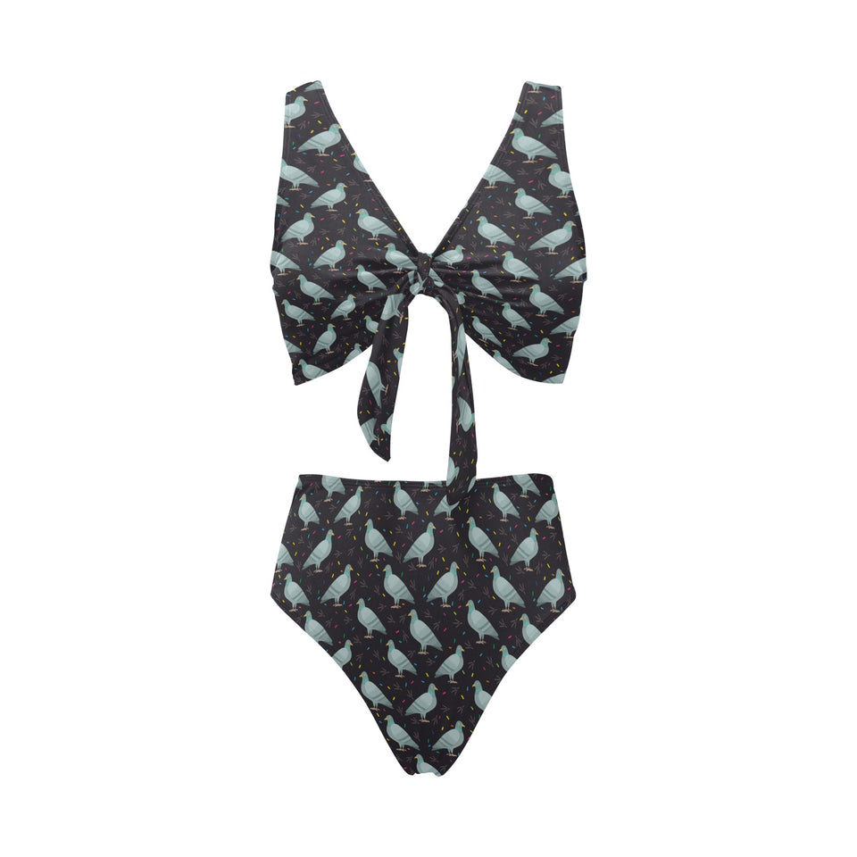 Pigeon Pattern Print Design 01 Chest Bowknot High Waisted Bikini Swimsuit