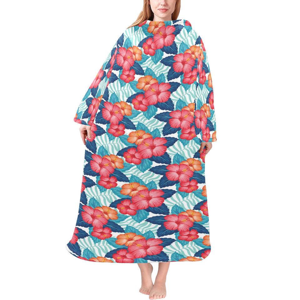 Hibiscus Pattern Print Design 05 Blanket Robe with Sleeves