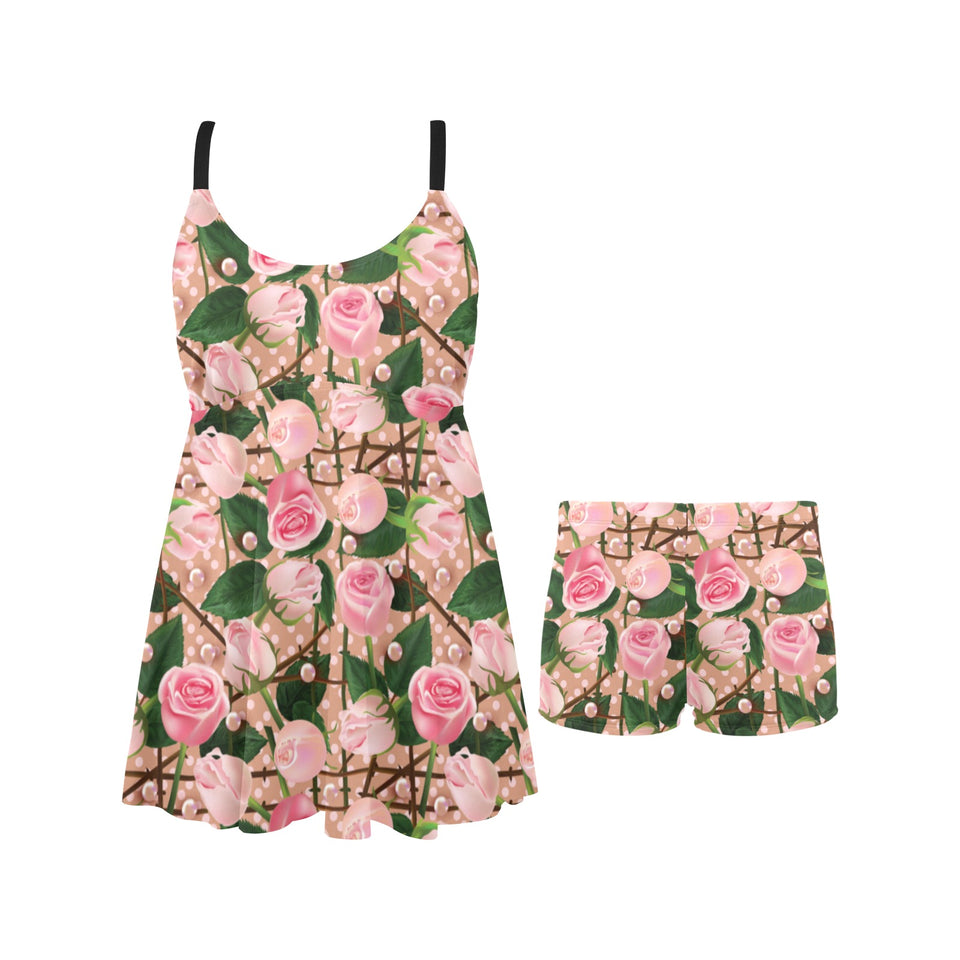 Rose Pattern Print Design 04 Chest Sexy Pleated Two Piece Swim Dress