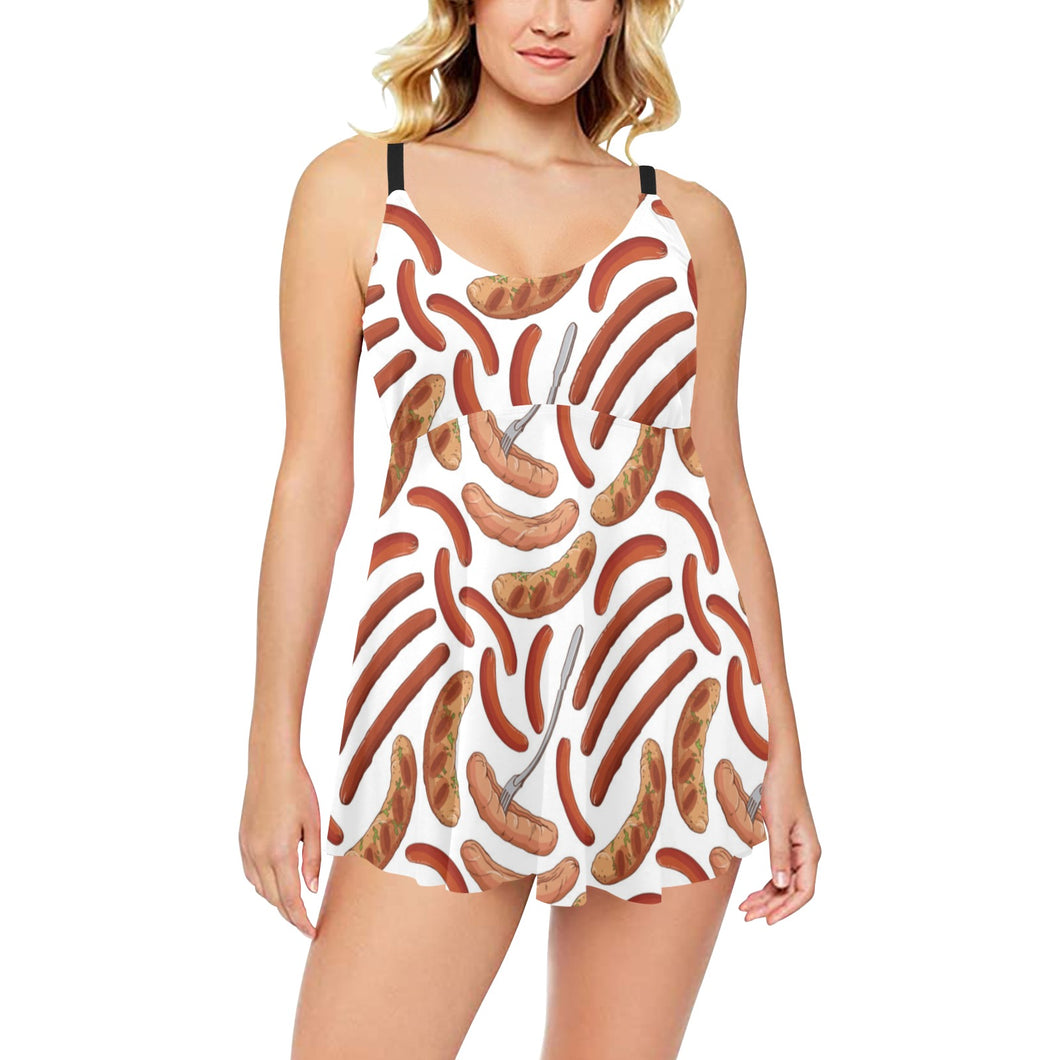 Sausage Pattern Print Design 05 Chest Sexy Pleated Two Piece Swim Dress