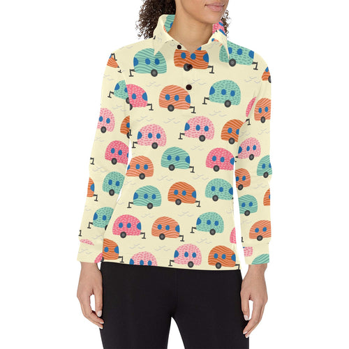 Camper Van Pattern Print Design 04 Women's Long Sleeve Polo Shirt