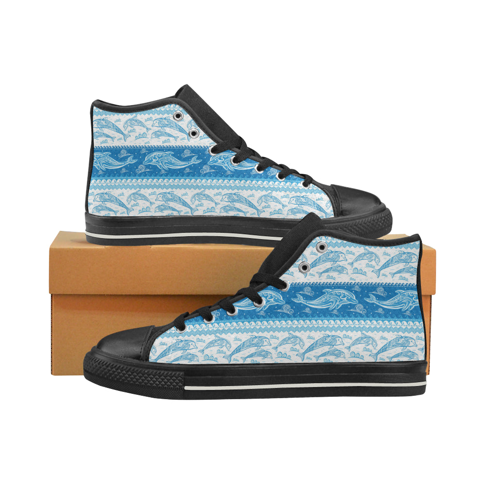 Dolphin Tribal Pattern Ethnic Motifs Women's High Top Canvas Shoes Black