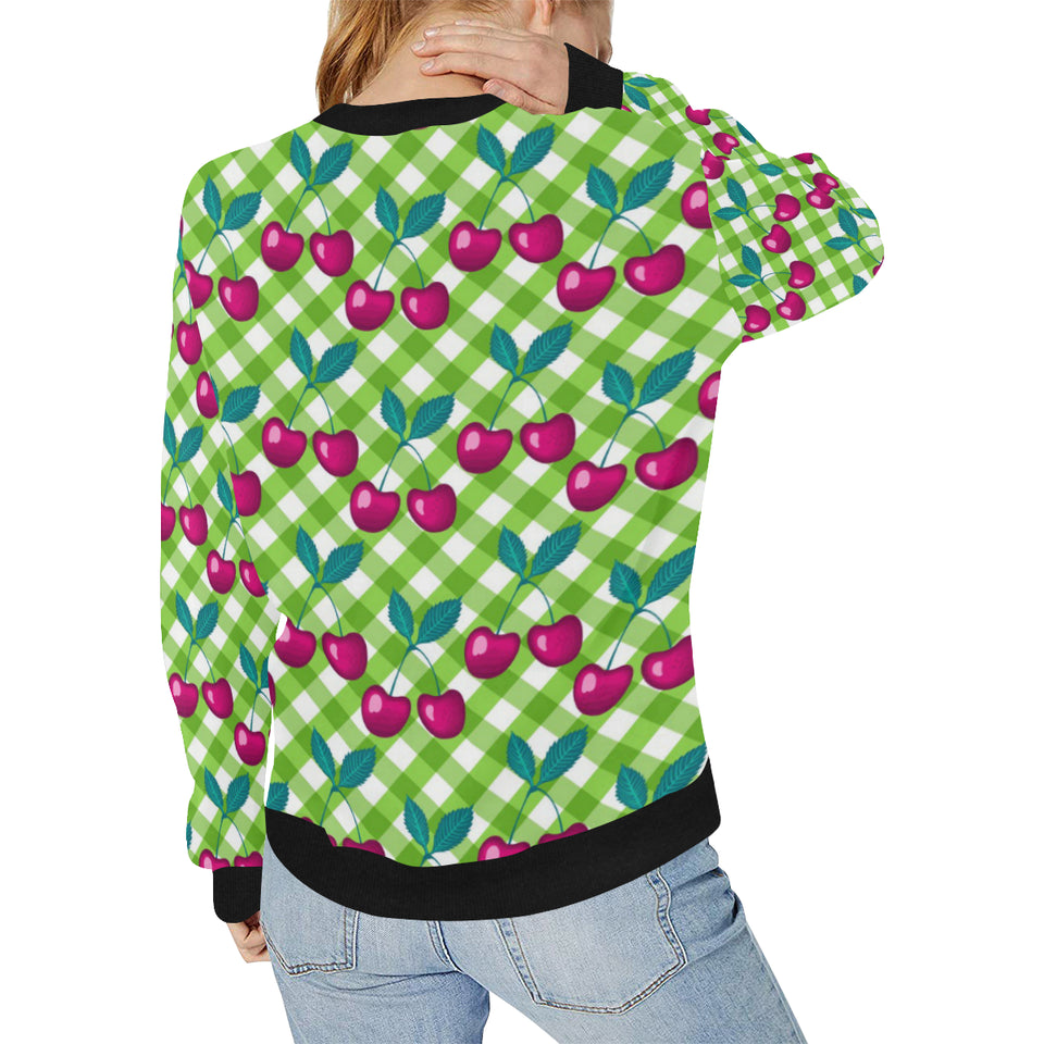 Cherry Pattern Green Background Women's Crew Neck Sweatshirt